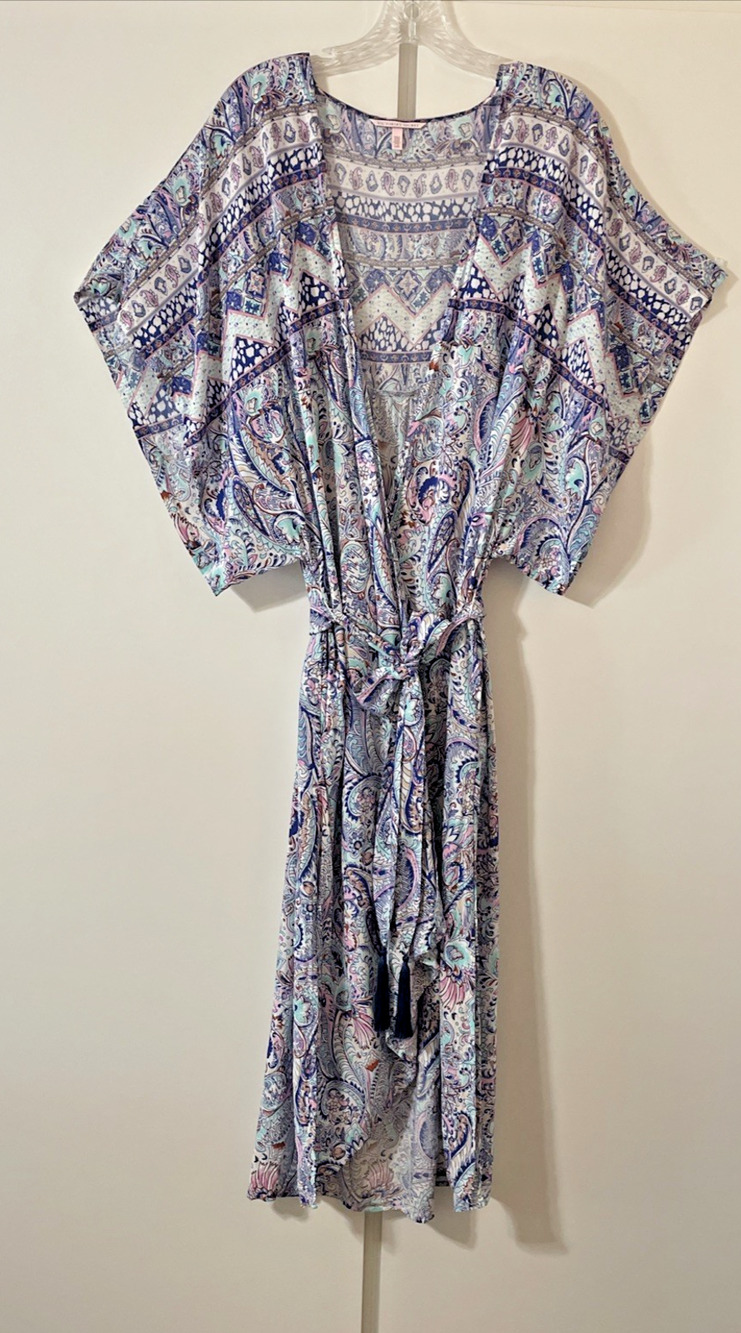 VICTORIA'S SECRET Women's LARGE Kimono ROBE Waterfall Hem Tassel Waist Tie BLUE